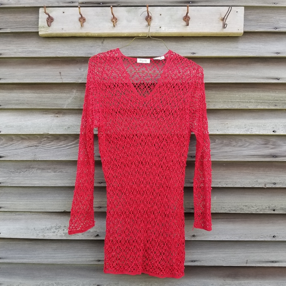 VTG 80s Red Crochet Long Sleeve Mini Dress